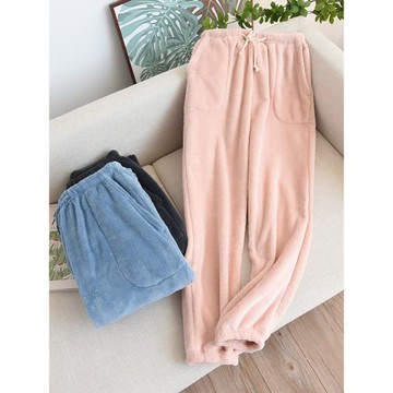 秋冬季情侶睡褲女珊瑚絨加厚保暖長褲男士收口束腳家居褲日系簡約