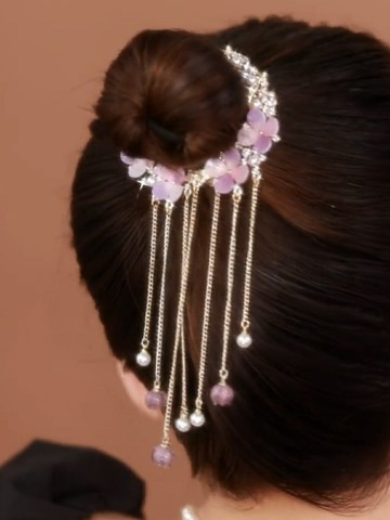 珍珠水鉆花朵流蘇發夾女后腦勺丸子頭盤發神器氣質馬尾扣夾子頭飾