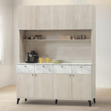 文創集 皮瑟克5尺八門四抽高餐櫃組合(仿大理石紋路耐磨美耐皿面板)-150x40x198-cm免組