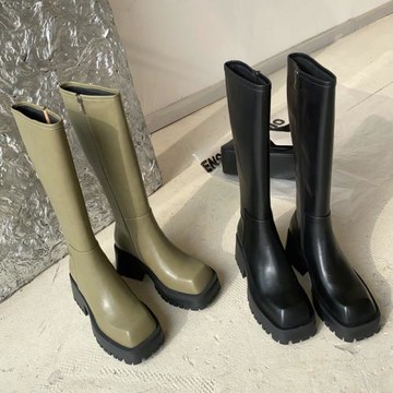 真皮長靴女厚底小個子方頭長筒靴顯瘦2023新款秋冬高筒騎士靴高跟