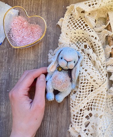 小毛絨兔子，藝術家泰迪毛絨玩具 ooak 泰迪兔子，玩具屋配件