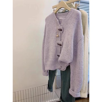 設計感小香風紫色羊角扣針織外套毛衣春秋款獨特超好看開衫上衣女
