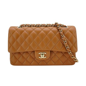Chanel Coco 雙C菱格羊皮金鍊翻蓋斜背包-25cm(A01112-焦糖棕)