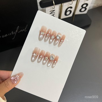 ➕純色美美噠💯手工穿戴甲氣質裸色法式貓眼滿鑽爆閃甲片高級感溫柔顯白美甲貼片純色穿戴甲 UI7A