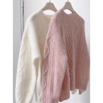 復古溫柔風套頭針織衫女秋冬仿浣熊絨軟糯麻花毛衣寬松外穿上衣厚