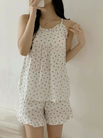 韓國東大門正品 可愛浪漫 細肩帶吊帶 自帶胸墊 小碎花荷葉邊 舒適家居服 睡衣套裝