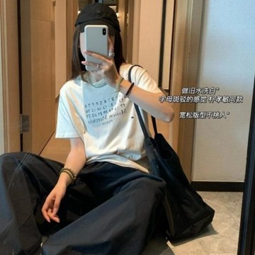 馬*拉張凌赫同款女式短袖2025夏季新款字母圓領寬松休閑百搭T恤