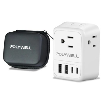 POLYWELL 寶利威爾 歐規旅行轉接頭 韓國轉接插座 雙Type-C + 雙USB充電孔 附硬殼收納包  1個