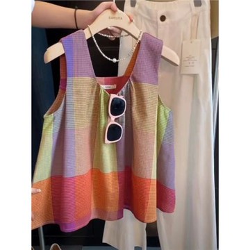 自留爆款推薦~絢爛彩虹 多巴胺撞色格子上衣女夏季無袖顯瘦背心