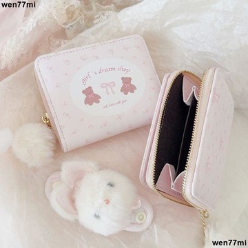 超實惠臘 錢包 卡包 零錢包少女夢碎花小熊兩折錢包卡包證件包可愛短款防消磁多卡位女生錢包