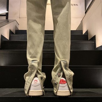 美式復古高街黃泥牛仔褲男春秋水洗直筒寬松vibe微喇開叉修身褲子