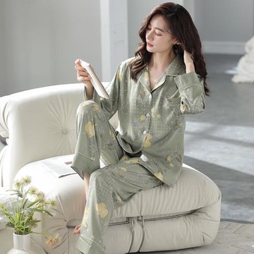 高級感清新絲綢睡衣女春秋夏季冰絲長袖中年媽媽淑女風家居服套裝