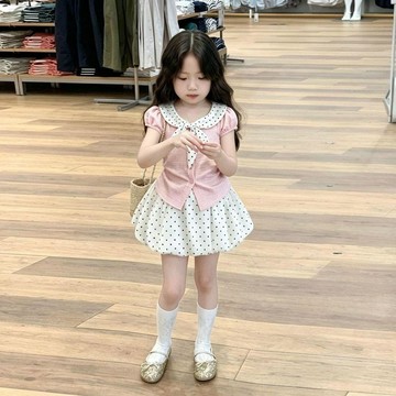 Mimo⭐韓版女童套裝夏季甜美粉色領結襯衫泡泡袖上衣波...
