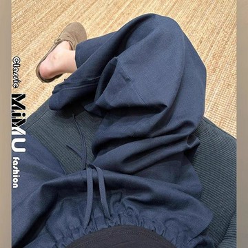 【MIMU】🍒有貨🍒 藏青色棉麻闊腿褲女夏季薄款高腰顯瘦垂感直筒褲寬鬆慵懶風休閒褲 長褲 褲子 女裝 小個子