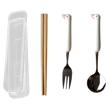 瑞典廚房 可愛動物餐具組/不鏽鋼環保餐具/便攜餐具  1套  粉鴨鴨  湯匙 + 筷子 + 叉子 + 收納盒