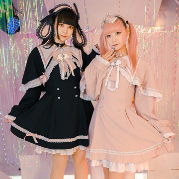 原創蘿莉塔戀愛魔法陣領結雙排扣長袖洋裝尖領斗篷套裝【JJ2558