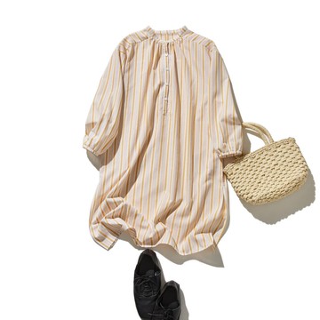 春至秋皆可穿搭 寬鬆廓形 條紋長版上衣連身裙 250416-1