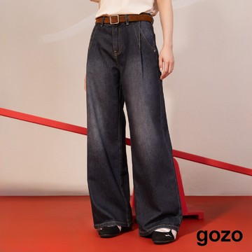 【gozo】◢3.0 零著感Q彈打褶牛仔寬褲(煙灰藍/深藍_S/M/L) | 女裝 顯瘦 休閒