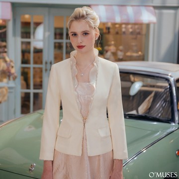 OMUSES 兩穿珍珠V領杏色西裝外套