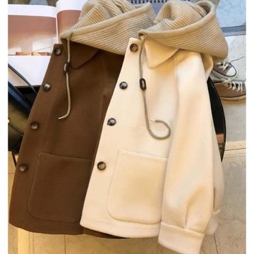 奧特萊斯~撤柜大牌2023秋冬新款高級感可脫卸帽連帽毛呢外套女ins