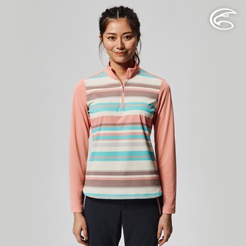 ADISI 女UPF50+印花防曬抑菌半門襟長袖排汗衣AL2211029｜粉紅橫條紋