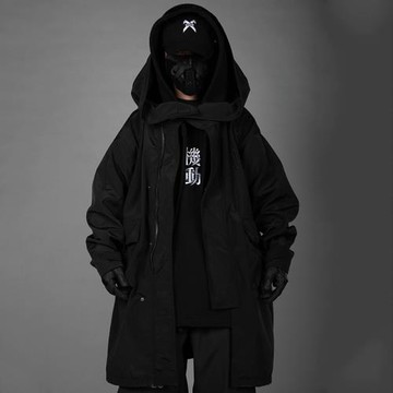 吉業重工春季潮流機能風大碼連帽假兩件風衣男寬松休閑中長款外套