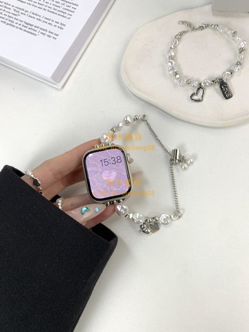 珍珠水晶金屬單雙排表鏈適用于蘋果 apple iwatch978代6543SE時尚【雲木雜貨】