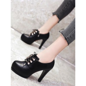 粗跟深口單鞋女加絨2022新款防水臺走秀高跟鞋大碼系帶圓頭小皮鞋