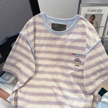 全網最低價【韓系】嚴選韓版超好看減齡可愛刺繡短袖T恤男女夏寬鬆小衆洋氣條紋撞色上衣創新