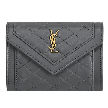 YSL 692052 經典LOGO菱格縫線羊皮扣式卡片零錢包.深灰