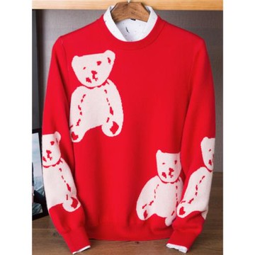 【現貨 五折清倉】小熊厚款羊絨衫男新年紅色毛衣情侶裝本命年