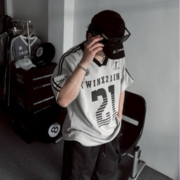【20ss_select】韓國 V領寬鬆21號球衣 復古雙線 拼色 運動 短T 短袖 落肩寬鬆 韓系穿搭 男生短袖 男裝