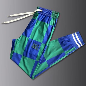 冰絲休閑褲子男夏季薄款潮牌綠色格子印花青年修身束腳速干運動褲