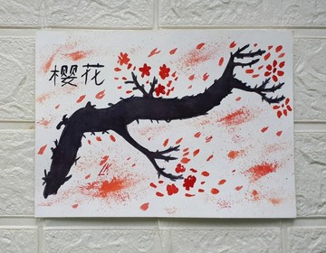 可愛的櫻花水彩畫，櫻花樹繪畫，賞櫻，亞洲花卉