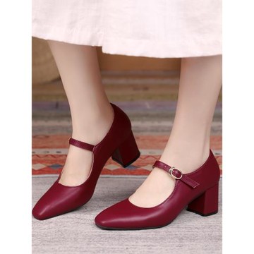 瑪麗珍單鞋女中粗跟春季真皮結婚鞋紅色高跟鞋媽媽喜婆婆婚宴鞋子
