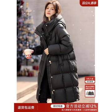 XWI欣未泡芙感蓬松連帽羽絨服女2024年冬季長款黑色加厚保暖外套