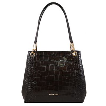 MICHAEL KORS KENSINGTON 浮雕LOGO鱷魚紋皮革三層肩背托特包(深咖)