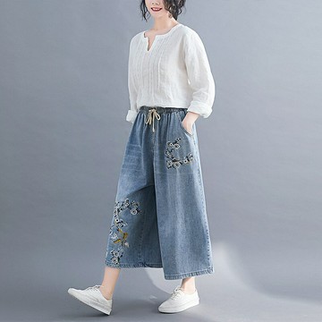 【巴黎精品】寬管褲休閒長褲-水洗刷色印花女褲子a1bj4