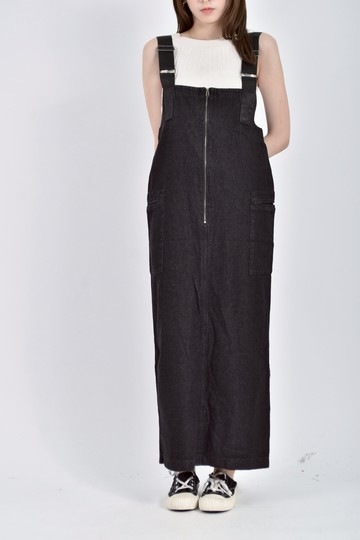(F) jeanasis丹寧牛仔吊帶棉質寬肩帶開衩黑色長裙