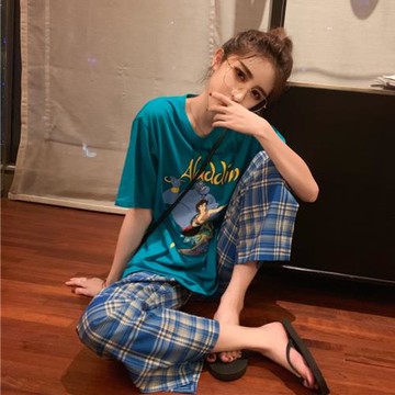 港風chic時尚運動休閑套裝女新款夏韓版洋氣寬松短袖格子褲兩件套