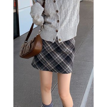 JAMUUS學院風高腰格紋短裙秋冬毛呢半身裙百搭a字顯瘦通勤包臀裙
