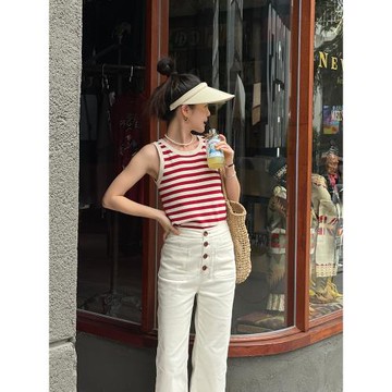 (免運)cml 法式復古chic條紋會跳躍色彩新款吊帶背心女外穿短款打底衫