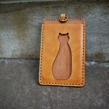 貓咪皮革識別證 卡套 證套 皮革卡套 淺色層次-不含皮繩-可刻字