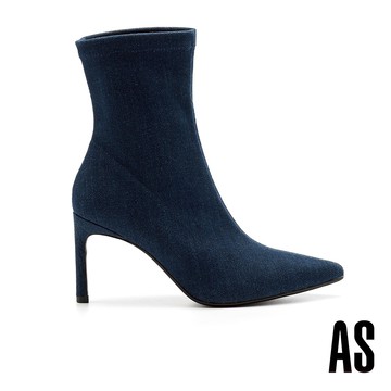 AS 極簡時髦純色牛仔布美型尖頭高跟短靴－藍