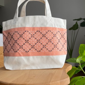 刺し子托特包 S 方格橘色 寬底 帆布托特 小包 刺繡 禮物 生日 格紋 日本