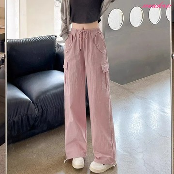 粉色工裝褲 小個子女生工裝褲 寬鬆闊腿工裝褲 工裝寬褲 鬆緊褲 休閒運動褲 透氣速乾工裝褲 粉色長褲 夏天長褲 大口袋