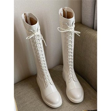 嬌文希真皮騎士靴女2025新款馬丁靴白色ins瘦瘦靴高筒不過膝長靴