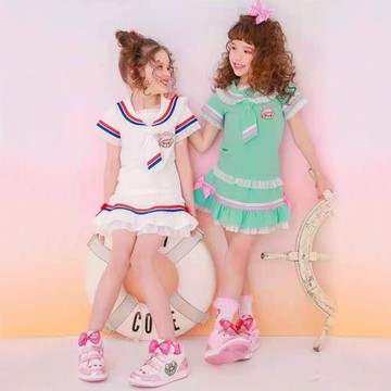 現貨 EarthMagic EM 同款女童海軍領水手花邊女童兒童短袖裙套裝