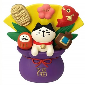 Decole Concombre 開運寶袋貓擺飾  6.8 x 7.2 x 3.7cm  白色 + 黃色 + 紫色