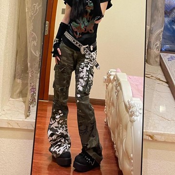 WYZ歐美式辣妹噴漆迷彩工裝褲子女2026秋個性y2k低腰微喇牛仔拖地褲